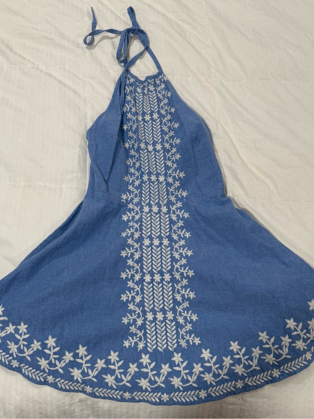 Tularosa Blue Halter Midi Dress with White Embroidery